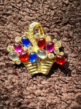 Gold-Tone Multicolor Cabochon Spring Easter Basket Brooch - Unbranded